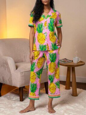 Bed Head x Trina Turk Pajama Set top and shorts pink Pineapple sz Small